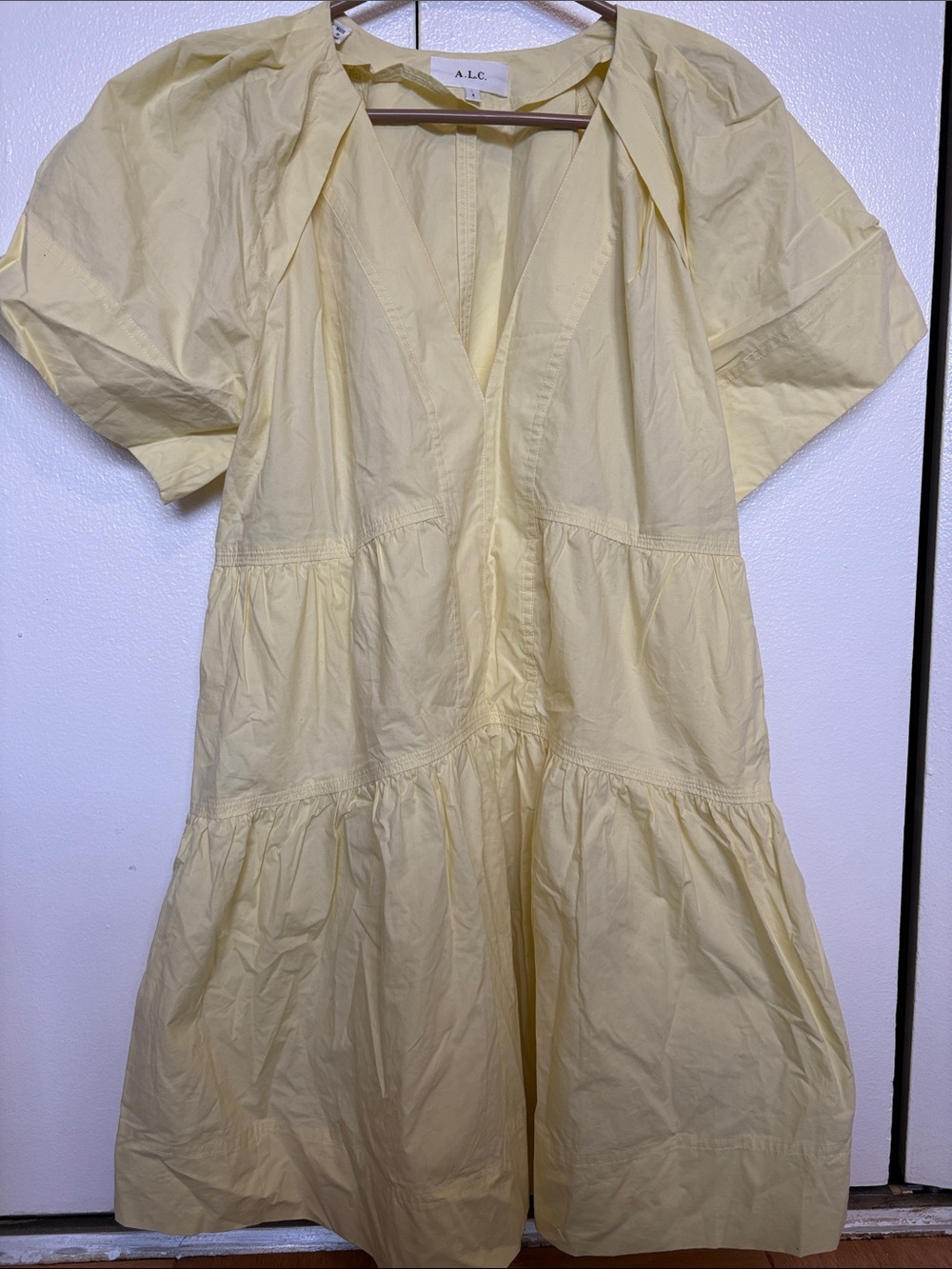 A.L.C. Pale Yellow Tiered V-Neck Cotton Mini Dress